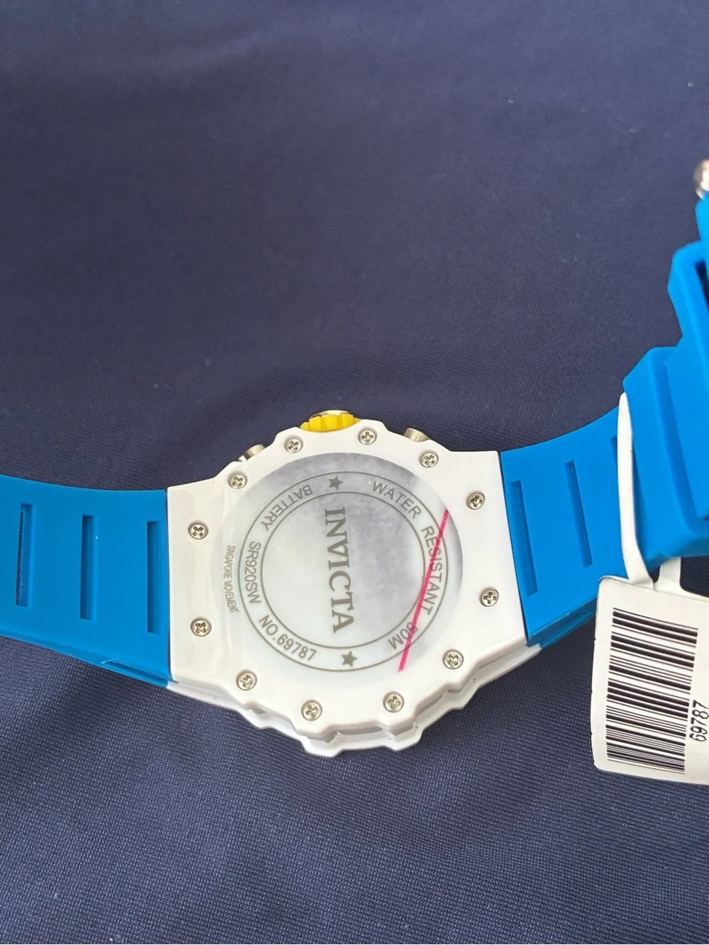 Invicta White Case Watch with Bright Blue Strap and Yellow Crown